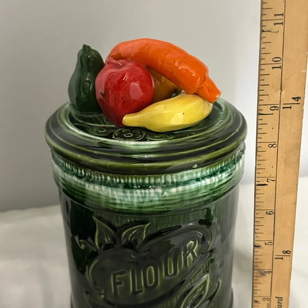 Vintage Fruit Lid Ceramic Canister Avacado Green Tea Flour Jars Good Retro MCM